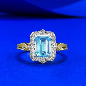 Vintage 925 Sterling Silver Emerald Cut Sky Blue Rhinestone Halo Ring For Women Fashion Commuter Elegant Finger Jewelry