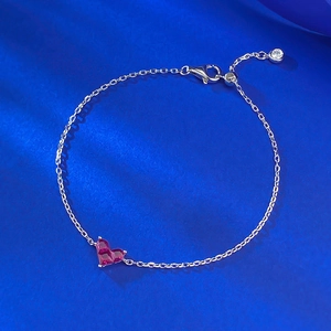 Bracelet Cœur Ajustable en Argent Sterling S925 pour Femme Élégant Strass Rouge Incrusté Chaîne Géométrique Bijoux de Mode Cadeau