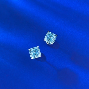 Classic 7mm square sea blue gemstone stud earrings with four-prong silver setting