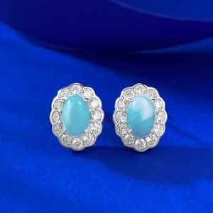 925 Sterling Silver Larimar Stud Earrings Oval Blue Stone With Zirconia Halo Enclosure Fashion Jewelry For Women