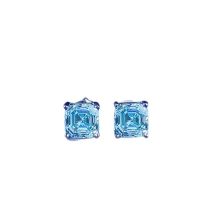 Minimalist square light blue stud earrings with four-prong silver setting and blue stones
