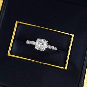 Radiant cut cushion sparkling diamond ring in silver S925 with pavé band in luxury box