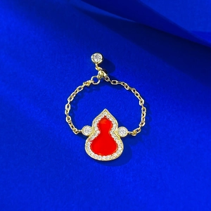 925 Sterling Silver Drawstring Ring Red Agate Gourd Motif Vintage Rhinestone Inlaid Adjustable Chain Ring For Women Jewelry
