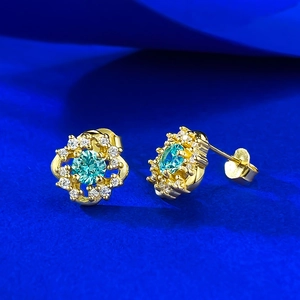 Elegant gold-plated S925 silver stud earrings with blue gemstone and halo stones