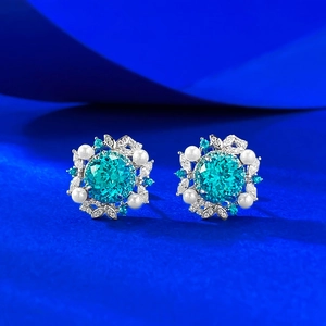 Boucles Oreilles Fleur Avec Tige En Argent Sterling 925 Zircon Bleu Paraiba Et Künstliche Perle Blanche Luxe Vintage Mode Femmes