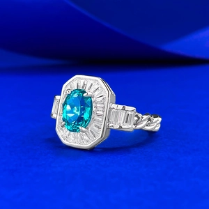Bague en argent 925 avec pierre bleue ovale de 1,5ct et halo octogonal de diamants