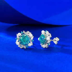 Boucles d'oreilles fleur en argent S925 style paraiba avec perles blanches et cristaux