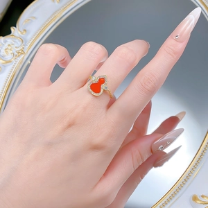 925 silver gold-plated adjustable chain ring featuring a red agate wulu charm with zircon