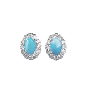 Elegant S925 sterling silver stud earrings featuring oval sea stone with zircon halo