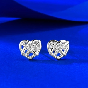 S925 sterling silver hollow woven heart stud earrings with white zircon accents