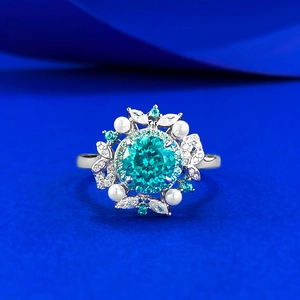 Floral Cluster Ring 925 Sterling Silver With Artificial Pearls And Blue Zircon Retro Luxury Style For Women