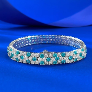 Luxury 925 Sterling Silver Three Row Rhinestone Tennis Bracelet For Women Paraiba Blue White Sparkling Jewelry Gift