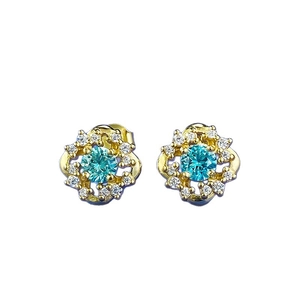 Elegant floral gold stud earrings with a blue center stone and white gem halo