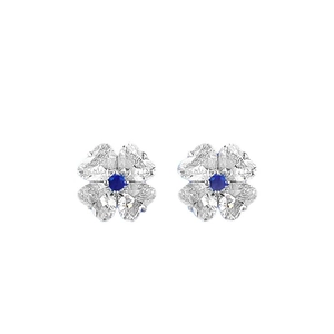 Elegant S925 silver four-leaf clover heart studs with blue crystal center and zircon petals