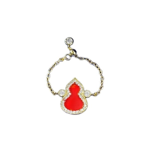 925 silver gold adjustable ring with red agate Wu Lou pendant and pavé crystals