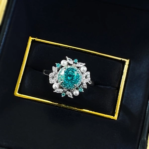 Elegant 925 silver ring featuring Paraiba blue stone surrounded by pearls and zircon