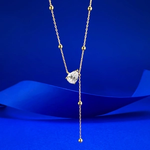S925 silver Y-shaped tassel necklace with pear-cut drop diamond and gold beads