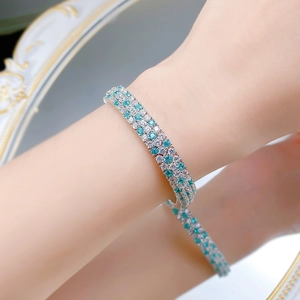 Three-row S925 silver bracelet with sparkling blue-green stones and clear crystals