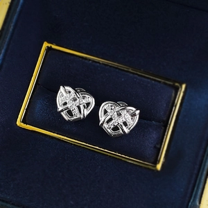 S925 sterling silver heart earrings with woven hollow design and cubic zirconia stones