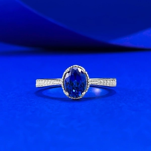 Vintage 925 Sterling Silver Oval Blue Rhinestone Ring Beaded Edge Simulated Sapphire Engagement Wedding Party Women Jewelry