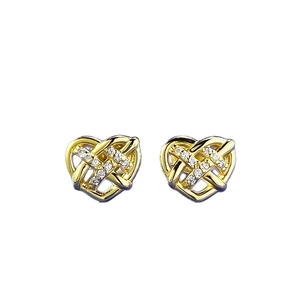 Exquisite S925 silver woven heart stud earrings with sparkling cubic zirconia in gold