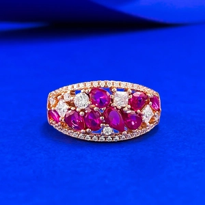 925 Sterling Silver Red Rhinestone Ring For Women Elegant Geometric Halo Cluster Finger Ring Fashion Jewelry Gift