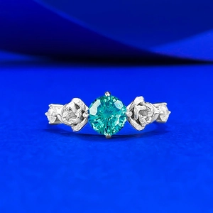 Elegant 925 Sterling Silver Paraiba Blue Round Rhinestone Ring Rose Flower Carved Design Fashion Women Finger Ring Jewelry