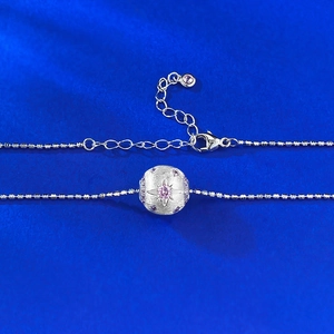 S925 sterling silver necklace with pink star zircon and brushed finish spherical pendant