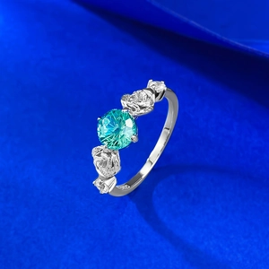 S925 sterling silver ring featuring a 6mm blue gemstone with side diamonds on blue base