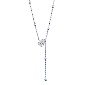 Elegant S925 silver Y-shaped necklace with pear-cut stone and blue enamel bead accents