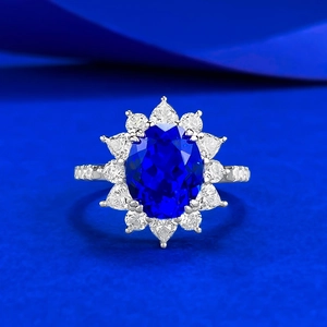 925 Sterling Silver Oval Blue Rhinestone Flower Ring For Women Vintage Halo Sunflower Wedding Banquet Party Fashion Jewelry