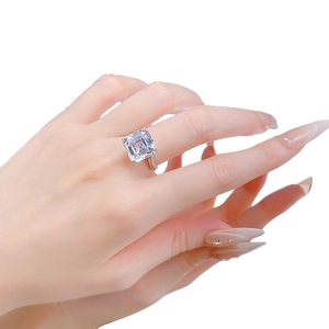 925 silver ring with 12mm Asscher cut white stone on model hand with French manicure
