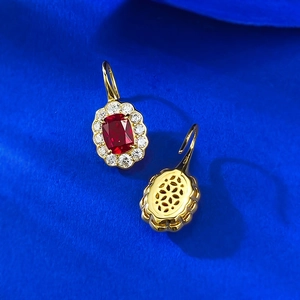 S925 sterling silver stud earrings with red cushion cut stone and diamond halo details