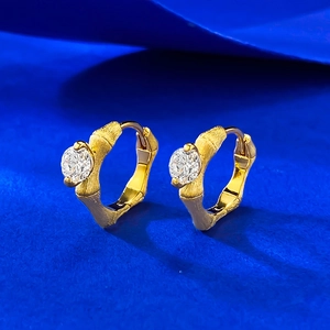 S925 silver gold bamboo hoop earrings with circular diamonds and brushed vintage finish