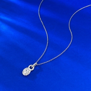 Classic S925 silver lock necklace with 1ct oval white diamond on navy silk background