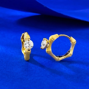 Golden bamboo texture S925 silver hoop earrings with round sparkling moissanite stones