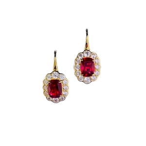 Elegant 925 silver halo earrings with rectangle ruby red stone and gold plating
