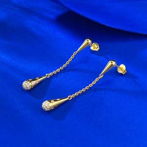 S925 silver gold teardrop tassel earrings with sparkling cubic zirconia on blue silk