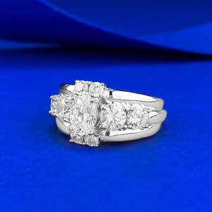 Macro view of a 1-carat oval gemstone ring with cluster pave setting in S925 silver