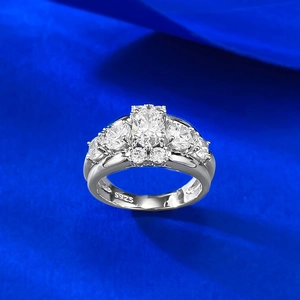 Detailed view of S925 sterling silver stamp and oval clear zircon cluster ring