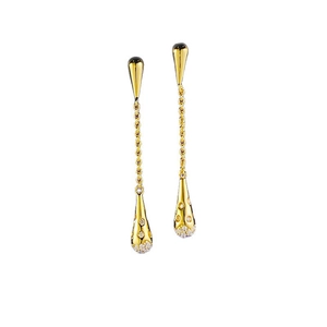 Elegant 18K gold teardrop tassel earrings with white zircon accents on white background