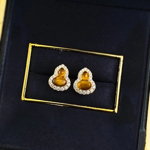 S925 silver tiger eye stone gourd earrings with micro-paved sparkling diamonds