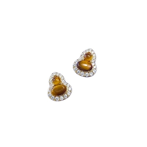 S925 silver tiger eye gourd stud earrings with gold plating and sparkling zircon border