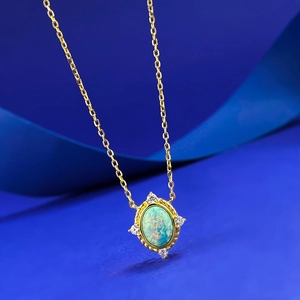 Italian craft S925 silver opal necklace with green fire stone and gold chain