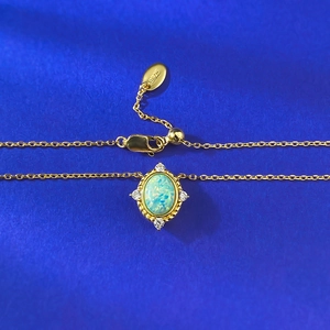 Vintage S925 silver gold-plated necklace with oval opal pendant and accent diamonds