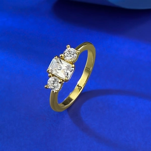 Elegant gold plated S925 silver ring with rectangular and round clear cubic zirconia stones