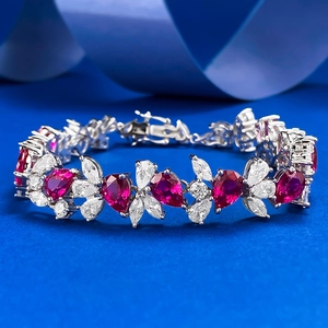 S925 Sterling Silver Pigeon Blood Red Rhinestone Bracelet For Women Exquisite Floral Design Inlaid Jewelry Gift