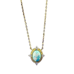Vintage S925 silver 18K gold plated necklace with oval opal pendant and crystals