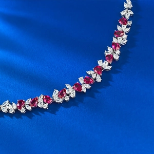 Exquisite S925 silver bracelet with pear-cut ruby and sparkling zircon flower accents
