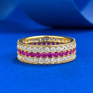 Vintage 925 Sterling Silver Gold Plated Triple Row Rhinestone Ring Italian Style Brushed Milgrain Band For Women Jewelry